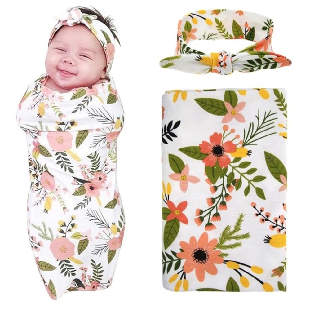 Newborn Baby Swaddle Blanket and Headband Value Set, Orange Daisy